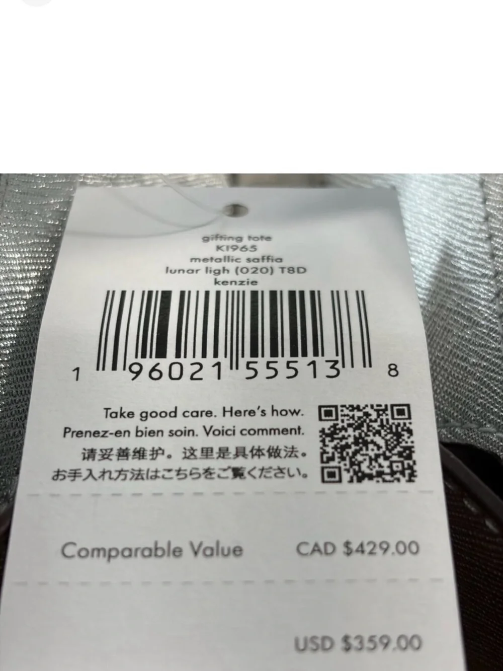 Kate Spade New York Gifting Tote KI965 Metallic Saffiano Lunar Light NWT